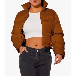 Womens Crop Puffer Jacket‎ XL Warm Winter Lightweight Coat Fashion Brown